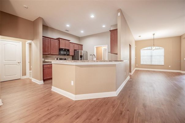 Interior, Kitchen, Pendant Lights, Recessed Lighting, Wood Texture Flooring