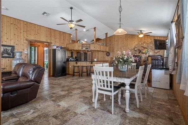 Dining room, Interior, Kitchen, Pendant Lights, Wooden Walls