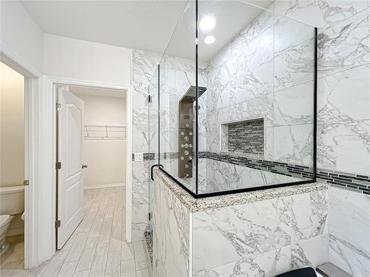 Bathroom, Interior, Marble Walls, Recessed Lighting, Wood Texture Flooring