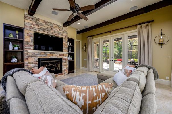Fireplace, Interior, Living room, Recessed Lighting, Stone Walls