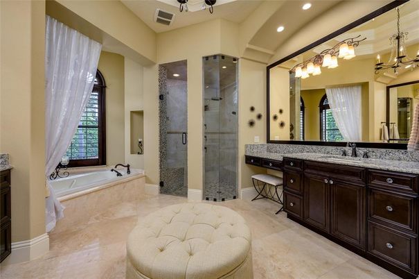 Bathroom, Chandelier, Glass Shower, Interior, Recessed Lighting