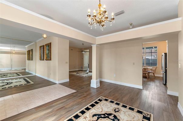 Chandelier, Dining room, Empty room, Interior, Wood Texture Flooring