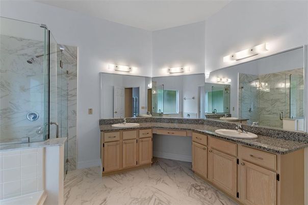 Bathroom, Dual Sink Vanities, Glass Shower, Interior, Marble, Marble Walls