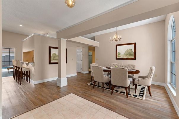 Chandelier, Dining room, Interior, Recessed Lighting, Wood Texture Flooring