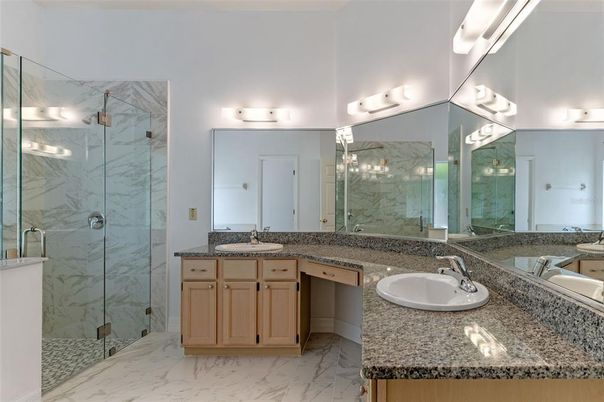 Bathroom, Dual Sink Vanities, Glass Shower, Interior, Marble, Marble Walls