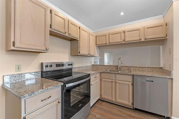 Interior, Kitchen, Recessed Lighting, Stainless Steel Appliances, Wood Texture Flooring