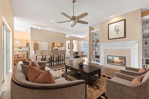 Dining room, Fireplace, Interior, Kitchen, Living room, Pendant Lights, Recessed Lighting, Wood Texture Flooring