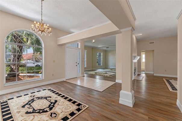 Chandelier, Empty room, Interior, Recessed Lighting, Wood Texture Flooring