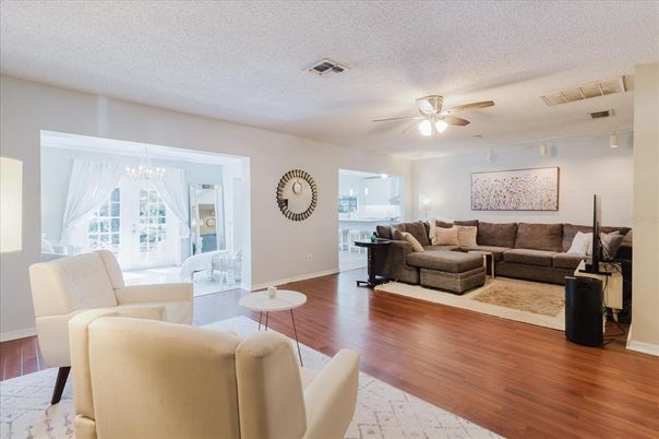 Chandelier, Interior, Living room, Wood Texture Flooring