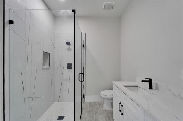 Bathroom, Glass Shower, Interior, Wood Texture Flooring