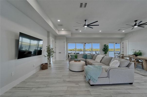 Dining room, Interior, Living room, Recessed Lighting, Wood Texture Flooring