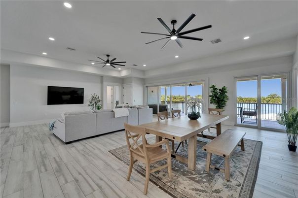 Dining room, Interior, Living room, Recessed Lighting, Wood Texture Flooring
