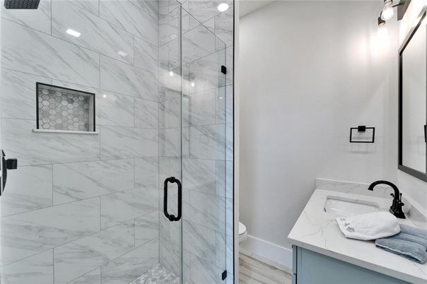 Bathroom, Glass Shower, Interior, Marble Walls, Recessed Lighting