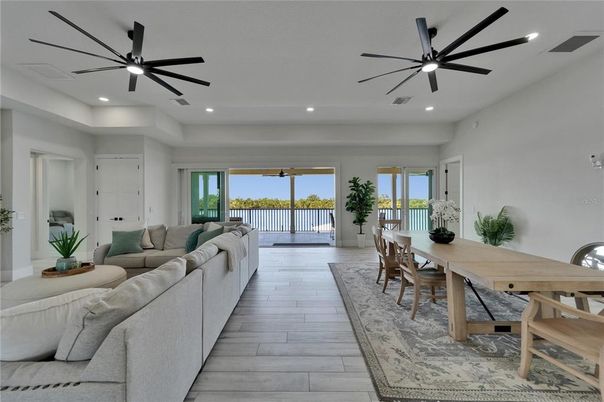 Dining room, Interior, Living room, Recessed Lighting, Wood Texture Flooring