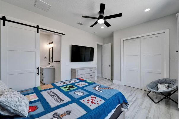Bedroom, Interior, Recessed Lighting, Wood Texture Flooring