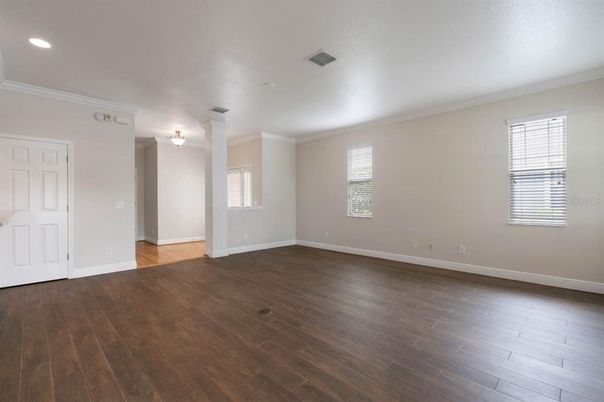Empty room, Interior, Recessed Lighting, Wood Texture Flooring