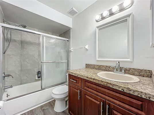 Bathroom, Glass Shower, Interior, Wood Texture Flooring