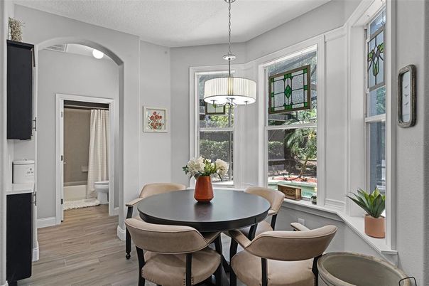 Dining room, Interior, Pendant Lights, Wood Texture Flooring