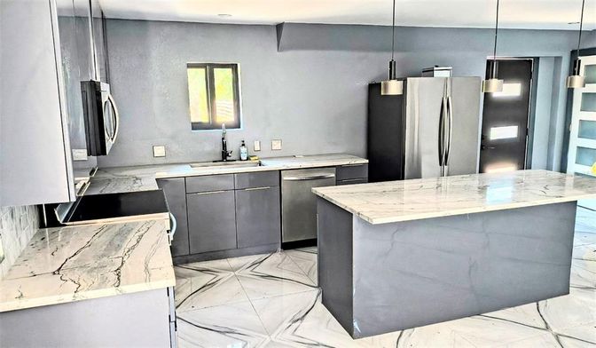 Interior, Kitchen, Marble, Pendant Lights, Recessed Lighting, Stainless Steel Appliances