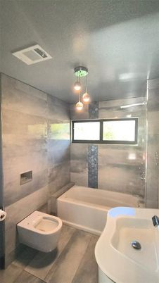 Bathroom, Glass Shower, Interior, Pendant Lights, Wood Texture Flooring
