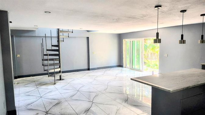Interior, Kitchen, Marble, Pendant Lights, Recessed Lighting