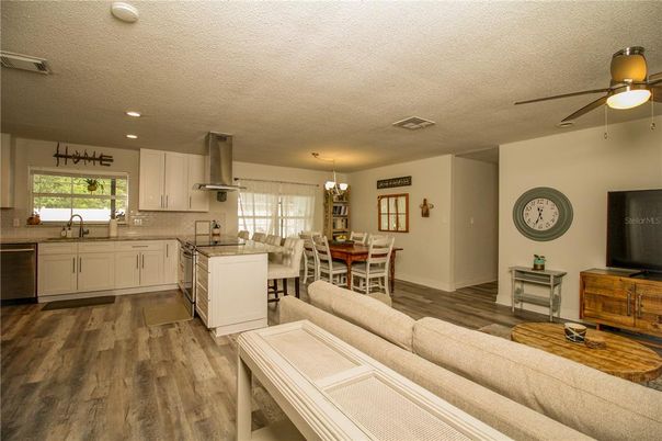 Dining room, Interior, Kitchen, Living room, Recessed Lighting, Wood Texture Flooring