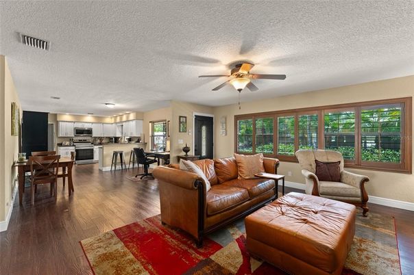 Dining room, Interior, Kitchen, Living room, Stainless Steel Appliances, Wood Texture Flooring
