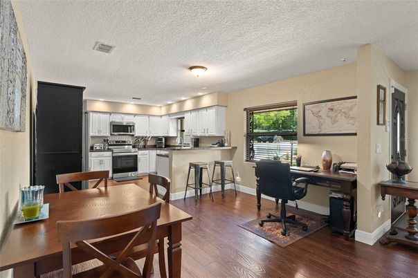 Dining room, Interior, Kitchen, Stainless Steel Appliances, Wood Texture Flooring