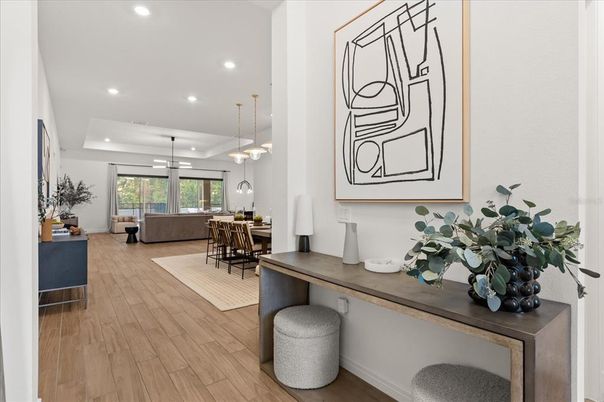 Dining room, Interior, Living room, Pendant Lights, Recessed Lighting, Wood Texture Flooring