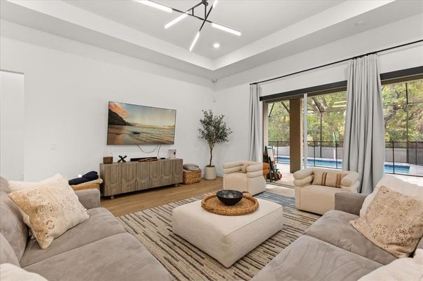 Interior, Living room, Pendant Lights, Recessed Lighting, Wood Texture Flooring