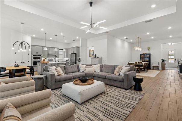 Dining room, Interior, Kitchen, Living room, Pendant Lights, Recessed Lighting, Stainless Steel Appliances, Wood Texture Flooring