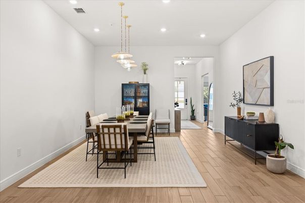 Dining room, Interior, Pendant Lights, Recessed Lighting, Wood Texture Flooring