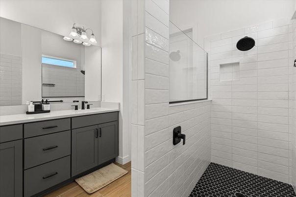 Bathroom, Glass Shower, Interior, Wood Texture Flooring