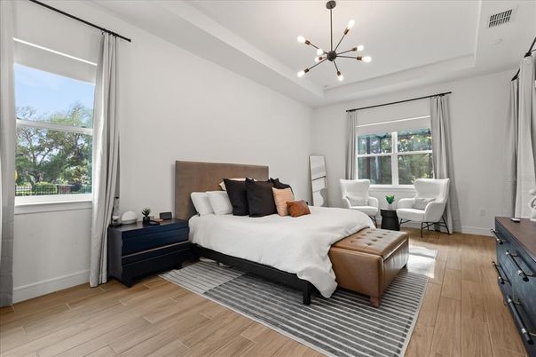 Bedroom, Interior, Pendant Lights, Wood Texture Flooring