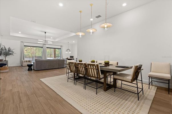 Dining room, Interior, Living room, Pendant Lights, Recessed Lighting, Wood Texture Flooring