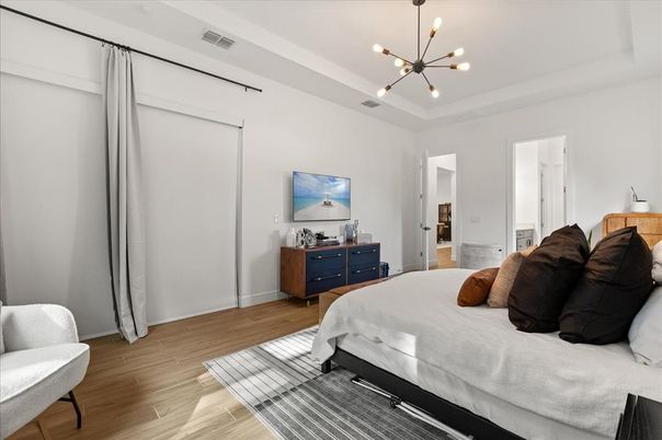 Bedroom, Interior, Pendant Lights, Wood Texture Flooring