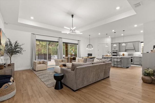 Interior, Kitchen, Living room, Pendant Lights, Recessed Lighting, Wood Texture Flooring