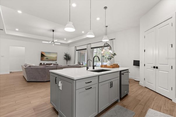 Interior, Kitchen, Living room, Pendant Lights, Recessed Lighting, Wood Texture Flooring