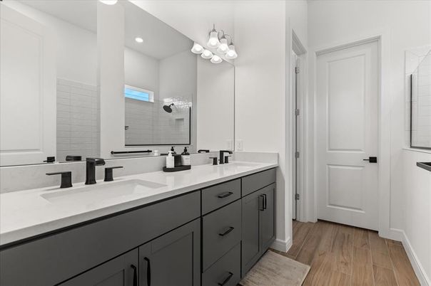 Bathroom, Dual Sink Vanities, Interior, Recessed Lighting, Wood Texture Flooring