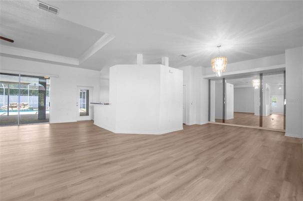 Chandelier, Empty room, Interior, Wood Texture Flooring