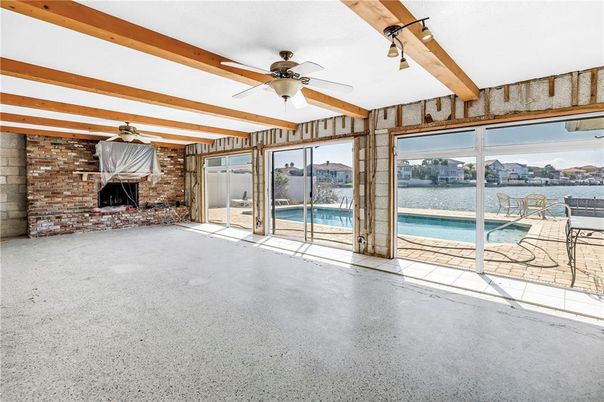 Fireplace, Interior, Pool, Stone Walls, Water, Wooden Beams