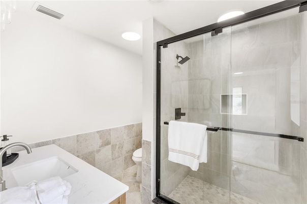 Bathroom, Glass Shower, Interior, Recessed Lighting