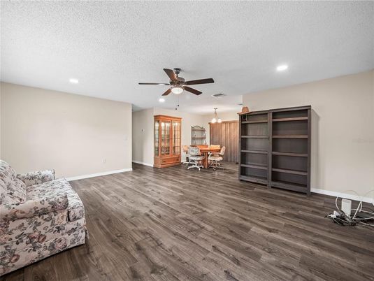 Dining room, Interior, Pendant Lights, Recessed Lighting, Wood Texture Flooring