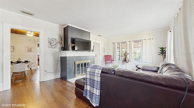 Dining room, Fireplace, Interior, Living room, Wood Texture Flooring