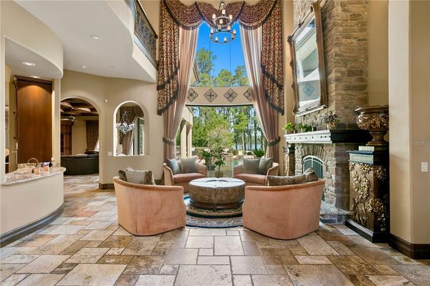Fireplace, Interior, Living room, Pendant Lights, Recessed Lighting, Stone Walls