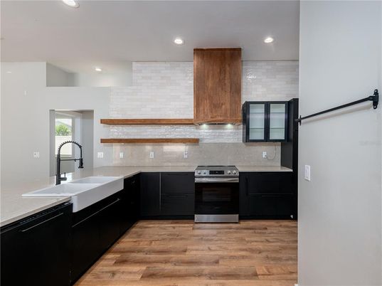 Interior, Kitchen, Recessed Lighting, Stainless Steel Appliances, Wood Texture Flooring