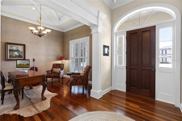 Chandelier, Home Office, Interior, Recessed Lighting, Wood Texture Flooring