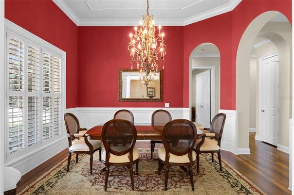 Chandelier, Dining room, Interior, Wood Texture Flooring