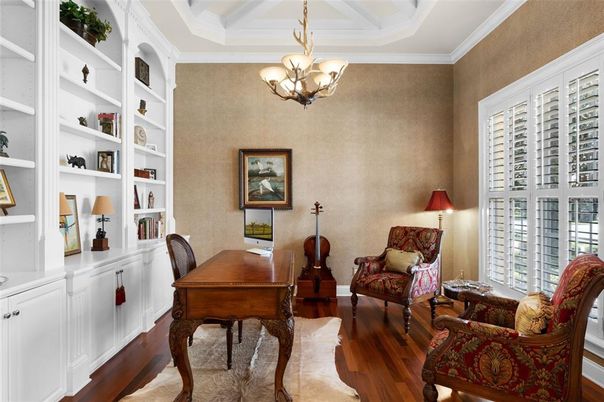 Chandelier, Home Office, Interior, Wood Texture Flooring