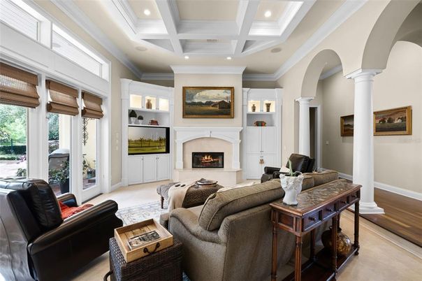 Fireplace, Interior, Living room, Recessed Lighting, Wood Texture Flooring